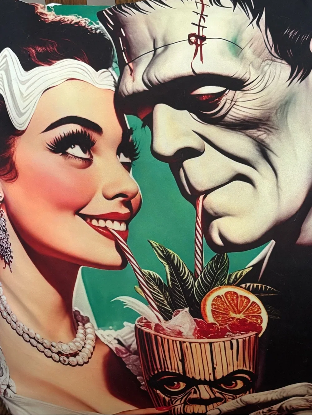 BRAND NEW Retro Frankenstein & Bride Tiki Bar Cocktail TimeOversized ThrowPillow